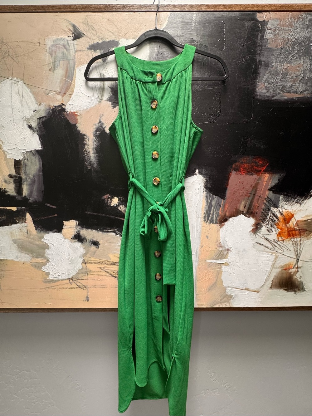 ECI Green Sleeveless Button-Front Maxi Dress with Tie Waist